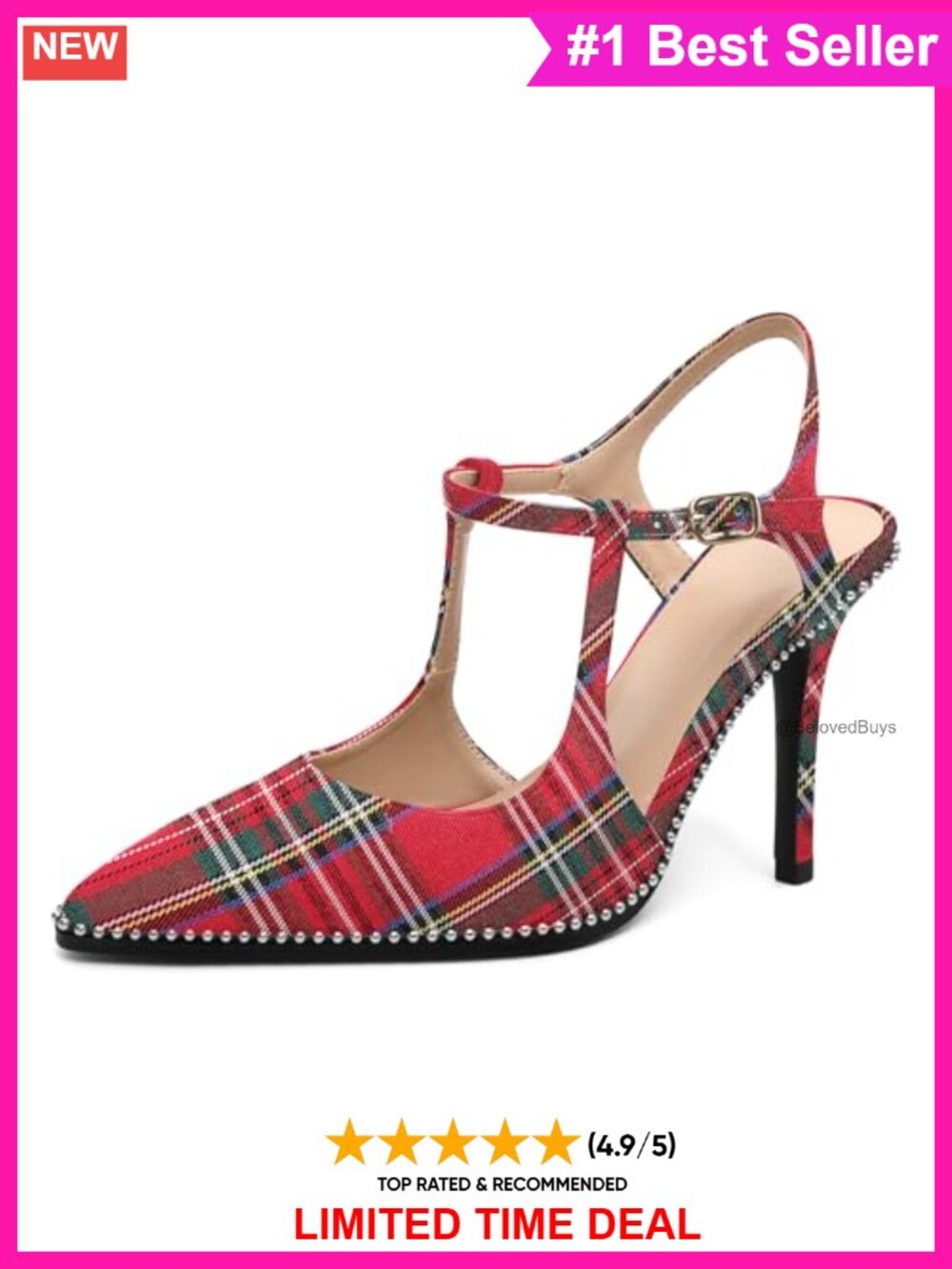 Women's Pointed Toe Stiletto Pumps Faux Leather Beaded Ankle Strap Heels